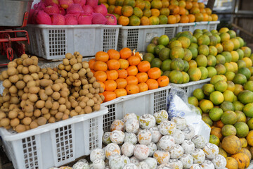 traditional fruit shop with all kinds of variety in the basket. fruit market background