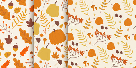 Autumn floral pattern with forest mushroom, cute fall leaves vector illustration. Cartoon acorn, nature flower and foliage, maple or oak leaf, red berry and pumpkin woodland decorative design template