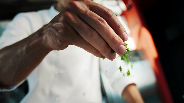 Close-up: the chef (cook) sprinkles with herbs