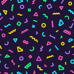 Memphis seamless pattern consisting of color shapes on dark background. Trendy memphis style. Colorful geometric seamless pattern different shapes color style. Vector Illustration