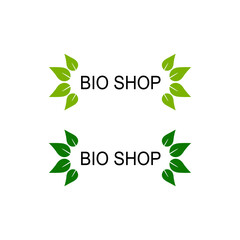 BIO SHOP LABELS WITH GREEN LEAVES ISOLATED ON WHITE