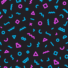 Memphis seamless pattern consisting of blue and pink color shapes on black background. Colorful geometric seamless pattern different shapes color style. Trendy memphis style. Vector Illustration