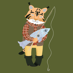 Funny cartoon lynx is fishing. Vector illustration.