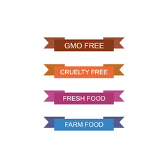 GMO FREE, CRUELTY FREE, FRESH FOOD, FARM FOOD DESIGN BADGES, RIBBONS SET ISOLATED ON WHITE