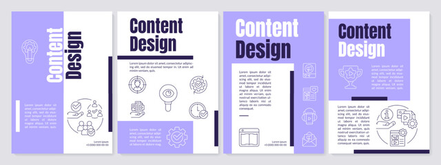Content creation purple brochure template. Digital marketing. Leaflet design with linear icons. Editable 4 vector layouts for presentation, annual reports. Anton, Lato-Regular fonts used