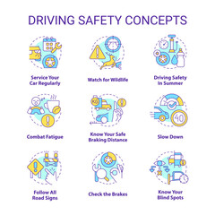 Driving safety concept icons set. Speed limits. Road signs and rules. idea thin line color illustrations. Isolated symbols. Editable stroke. Roboto-Medium, Myriad Pro-Bold fonts used