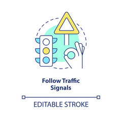 Follow traffic signals concept icon. Control traffic flow. Common driving safety rule abstract idea thin line illustration. Isolated outline drawing. Editable stroke. Arial, Myriad Pro-Bold fonts used