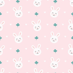Cute rabbit with clover, seamless pattern. Pink background. Pastel concept. Cute cartoon. Kawaii character