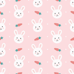 Cute rabbit with carrot, seamless pattern. Pink background. Pastel concept. Cute cartoon. Kawaii character