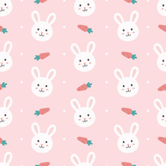 Cute rabbit with carrot, seamless pattern. Pink background. Pastel concept. Cute cartoon. Kawaii character