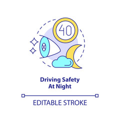 Driving safety at night concept icon. Move slowly. Situational driving safety abstract idea thin line illustration. Isolated outline drawing. Editable stroke. Arial, Myriad Pro-Bold fonts used