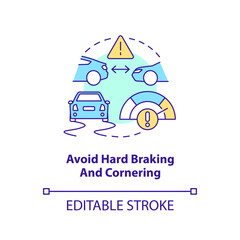Avoid hard braking and cornering concept icon. Driving safety for commercial drivers abstract idea thin line illustration. Isolated outline drawing. Editable stroke. Arial, Myriad Pro-Bold fonts used