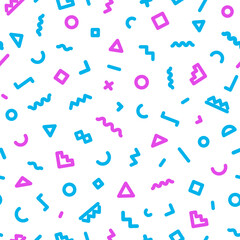 Memphis seamless pattern consisting of blue and pink color shapes on white background. Trendy memphis style. Colorful geometric seamless pattern different shapes color style. Vector Illustration