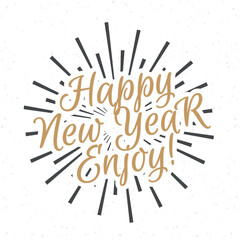 Christmas greeting card with christmas emblem consisting of sunburst and sign Happy New Year Enjoy on magic holiday background. Christmas label. Christmas decoration element. Vector Illustration