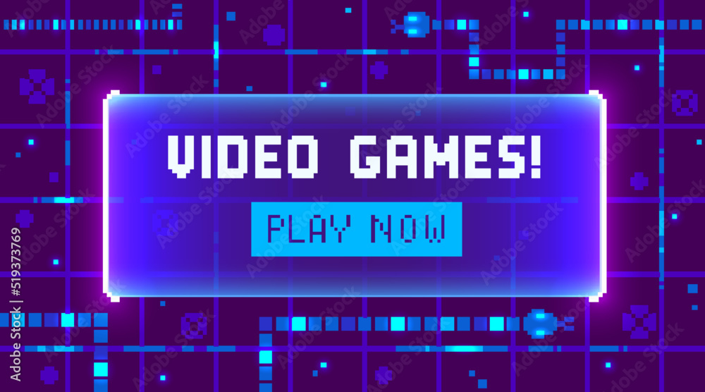 Fototapete web banner with phrase video games. sci-fi screen background with neon design