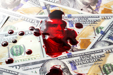 Dollars in red blood stains. Arrested for illegal crime. Broken the law. Bribe concept. Criminal...