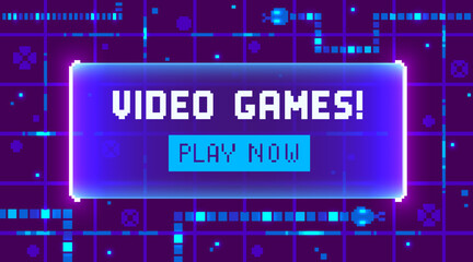 Web banner with phrase Video Games. Sci-fi screen background with neon design