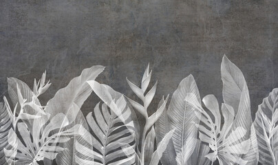 Grunge wallpaper with tropical leafs and plants on concrete background. Design for wallpaper, photo wallpaper, fresco, mural and other. - 519373937