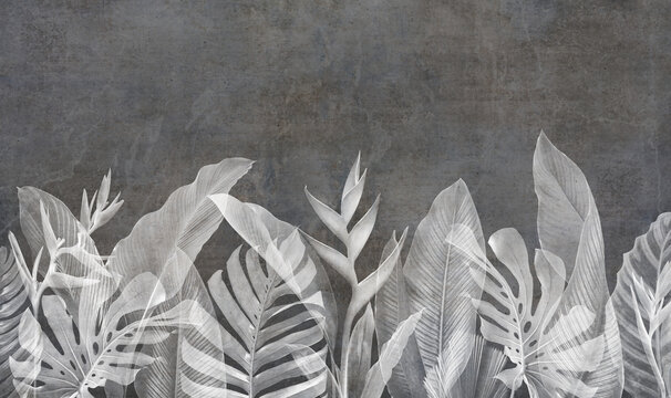 Grunge wallpaper with tropical leafs and plants on concrete background. Design for wallpaper, photo wallpaper, fresco, mural and other.
