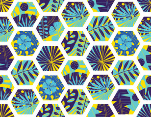 Tropical  leaves in the doodle style. Exotic summer botanical seamless pattern. Can be used in textile industry, paper, background, scrapbooking.Vector.