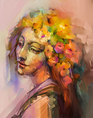 Abstract color paint a portrait in oil painting.  Modern art, Portrait of young woman, female face. Illustration artwork, retro, vintage paint design on canvas texture background, Impressionism style