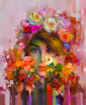 Abstract color paint, portrait of person in oil painting. Modern art, Beauty portrait of a young female model. Fashion illustration artwork, paint lady - woman face with colorfull flower design