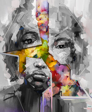 Oil, acrylic paint on canvas. Abstract colorful flower and black girl portrait. Modern art oil painting young woman, female face. Illustration, expression artwork, color paint design for background