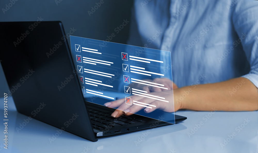 Aufkleber Survey form concept. Check marks on checklist and Filling online form or answering questions. Customer Experiences and satisfaction concept.	
