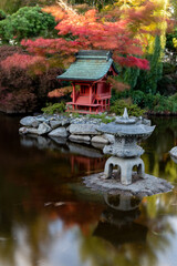 Red Pagoda and Lantern in Japanese Garden Pond in Point Defiance Park, Tacoma, WA