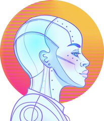 Portrait of robot android woman in retro futurism style. Vector illustration of a cyborg in glowing neon bright colors. futuristic synth wave flyer template. Cyber technology. African american style.