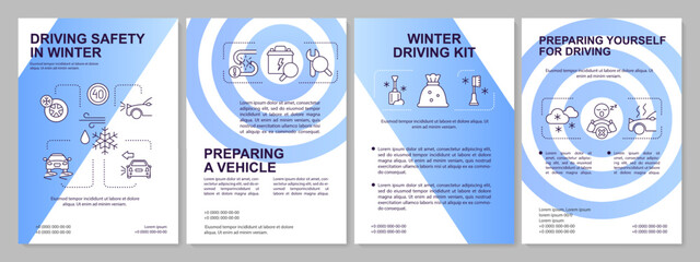 Wintertime driving safety rules blue brochure template. Leaflet design with linear icons. Editable 4 vector layouts for presentation, annual reports. Arial-Black, Myriad Pro-Regular fonts used