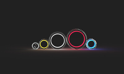 Glowing multicolored gears, mechanism. A modern, minimal 3D render on the topic of engineering, technology, innovation. Dark background.