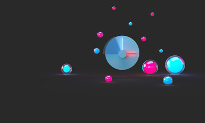 Modern clock with glass, glowing blue, pink balls around. 3d rendering on the topic of time and hours. Modern minimal style.
