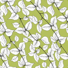 Seamless pattern. Tree branch with leaves. Hand-drawn raster illustration for fabric, wallpaper, wrapping paper. Endless background.