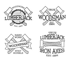 Set of lumberjack and woodsman labels. Posters, stamps, banners and design elements. Isolated on white background. Wood work and manufacture label templates. Vector illustration.