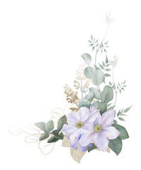 A floral composition with white clematis flowers, eucalyptus branches, stems with leaves and golden linear floral elements hand drawn in watercolor isolated on a white background. Floral arrangement.