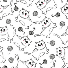 Cute cats seamless pattern. Hand drawn vector illustration. Kawaii seamless pattern.