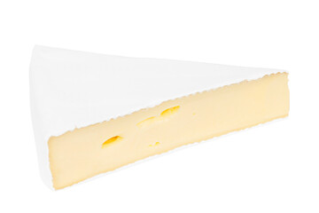A piece of brie cheese in the shape of a triangle on a white background.