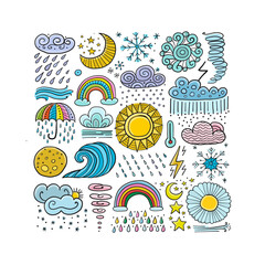 Weather collection, meteorology symbols. Art background for your design. Childish style.