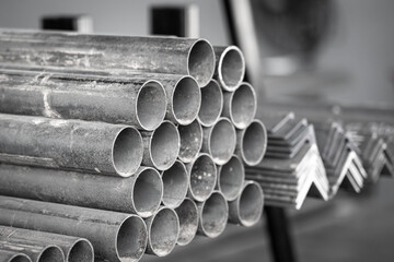 Metal or iron pipe in round shape with cutting end. Construction building material and background textured, selective focus. Photo is grayscale.