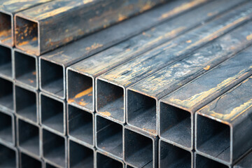 Metal or iron pipe in square box shape with cutting end. Construction building material and...