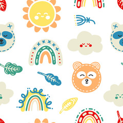 Delicate calm vector pattern in scandinavian style. Dreamy print with pastel sleepy teddy bears, sun, clouds and leaves for kids, decor, wrappers, interior, textiles, decor, clothes