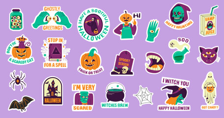 Set of Halloween stickers. Pumpkin, witch, skull and zombie with different greetings for Halloween. Cartoon trendy vector stickers for halloween.