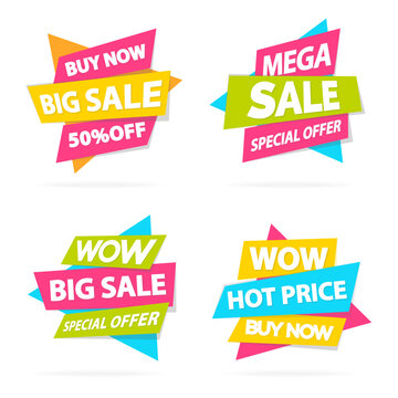 Set of discount sticker special offer, advertisement tag, sale, super sale, mega sale, hot price, discounte poster isolated on white background. Vector Illustration