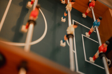 Close up of plastic table football game, sport in home concept