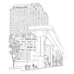 National stadium sky train in bangkok city retro old line art etching vector
