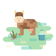 brown cow stood in the middle of the meadow, and there was a bucket of water on its side