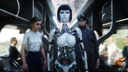 Female robot in flying futuristic train. Futuristic city. flying car traffic. megapolice. Future concept. Realistic 4k animation.