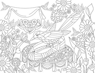 bird in garden flower black and white coloring book outline vector illustration