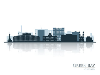 Green Bay skyline silhouette with reflection. Landscape Green Bay, Wisconsin. Vector illustration.
